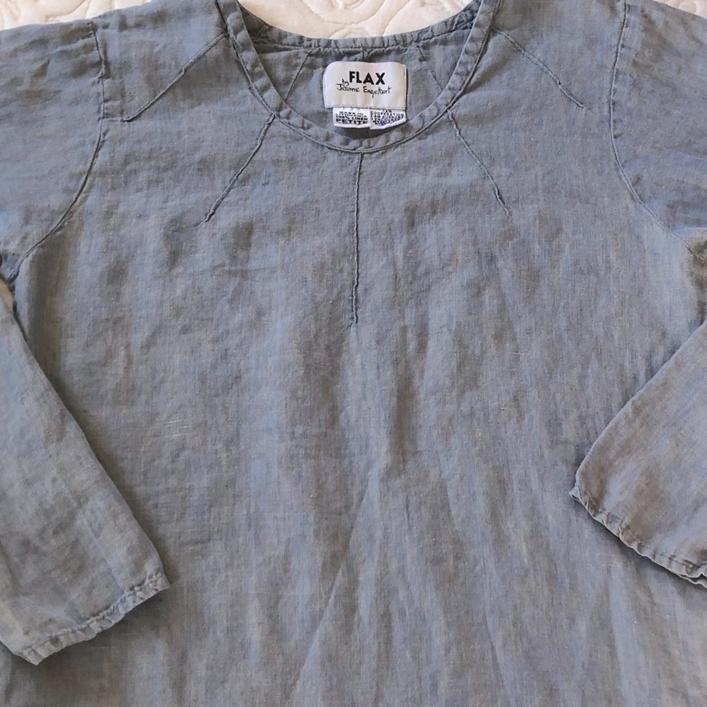 Flax Blue Tunic Minimalist 100% Linen Long Sleeves w/ Pintuck Detail Sz SP - Picture 10 of 11